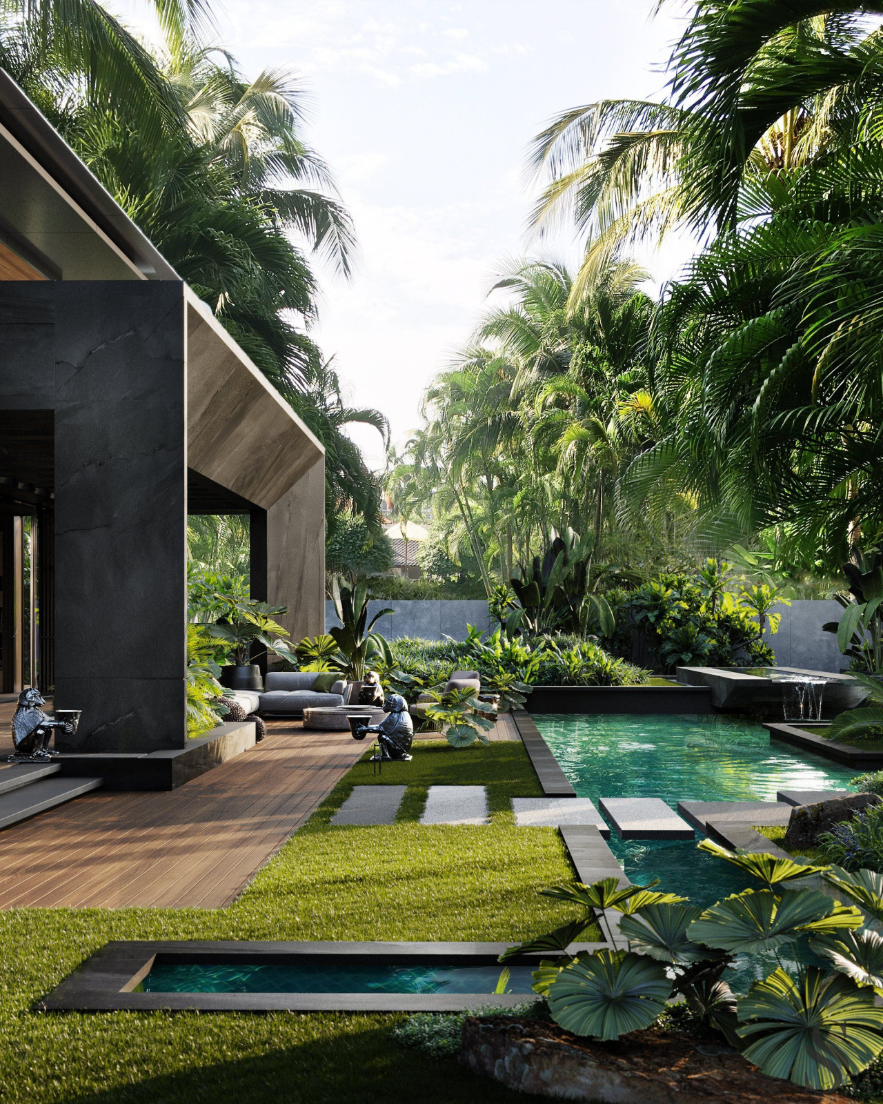 Укромный сад на заднем дворе для прогулок и барбекю