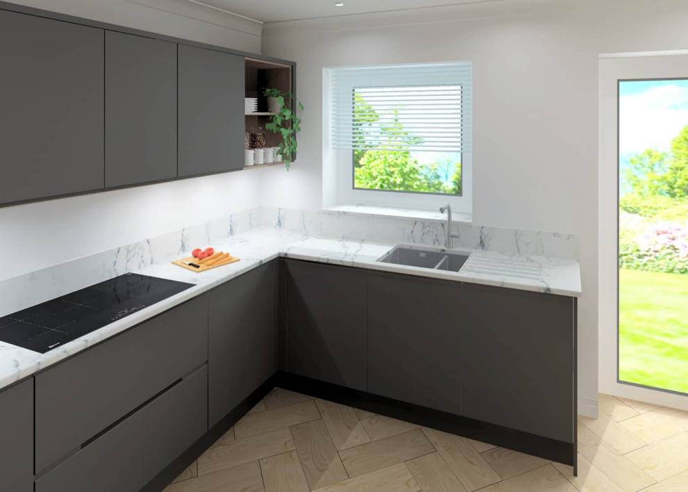 Photo of a medium sized contemporary l-shaped open plan kitchen in Sussex with a built-in sink, flat-panel cabinets, grey cabinets, quartz worktops, white splashback, black appliances, porcelain flooring, an island, beige floors and white worktops.