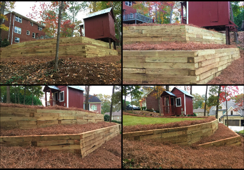 Modular Concrete Block Wall with Steps, Pressure Treated Timber Walls, Sod