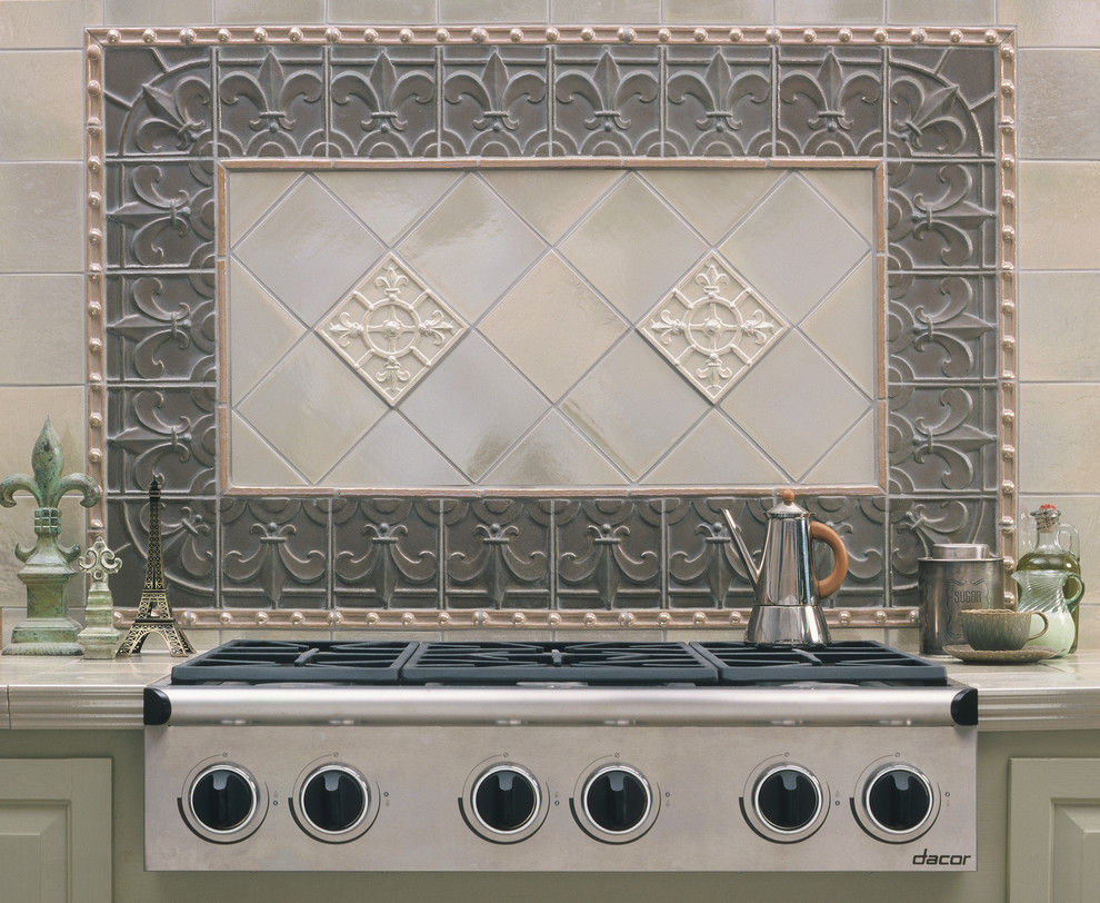 Mid-sized arts and crafts single-wall enclosed kitchen photo in San Francisco with raised-panel cabinets, white cabinets, tile countertops, gray backsplash, mosaic tile backsplash, stainless steel appliances and no island