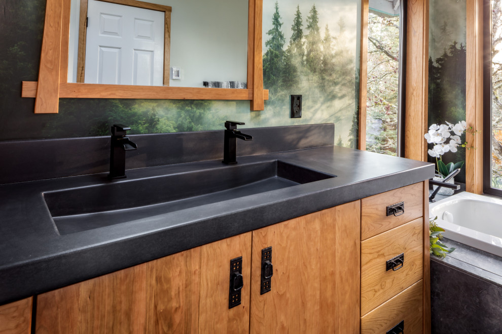 Example of a mid-sized zen master porcelain tile, gray floor, double-sink and wallpaper bathroom design in Other with flat-panel cabinets, medium tone wood cabinets, an integrated sink, concrete countertops and a built-in vanity