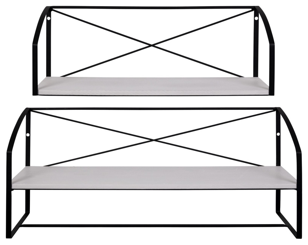 Set of Two Farmhouse Style Wood and Metal Wall Shelves Industrial