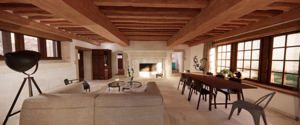 Medium sized eclectic open plan games room in Dijon with white walls, a standard fireplace, a stone fireplace surround, beige floors and exposed beams.