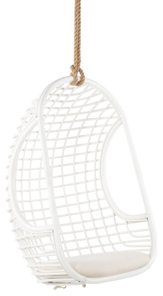 Grid Rattan Hanging Chair With Seat Cushion, White Tropical Hanging