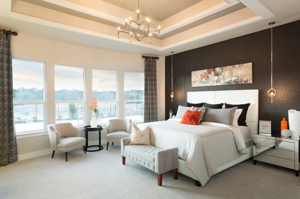 Photo of a transitional master bedroom in Austin with black walls, carpet and grey floor.
