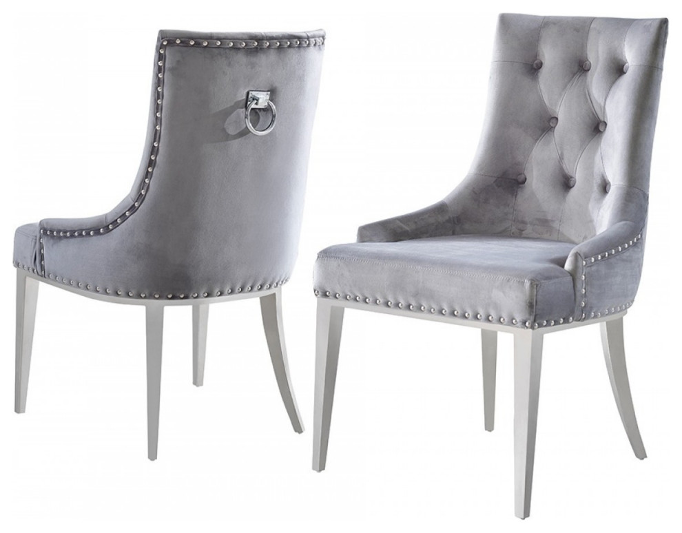 Set of Two Gray Velvet Tufted Dining Chairs Transitional Dining