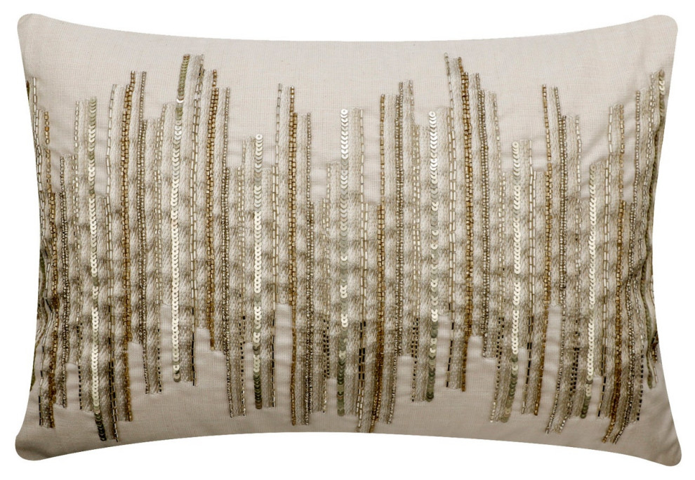 Ivory Silk Lumbar Pillow Cover Embroidery, Sequins Beaded, Ivory Rules