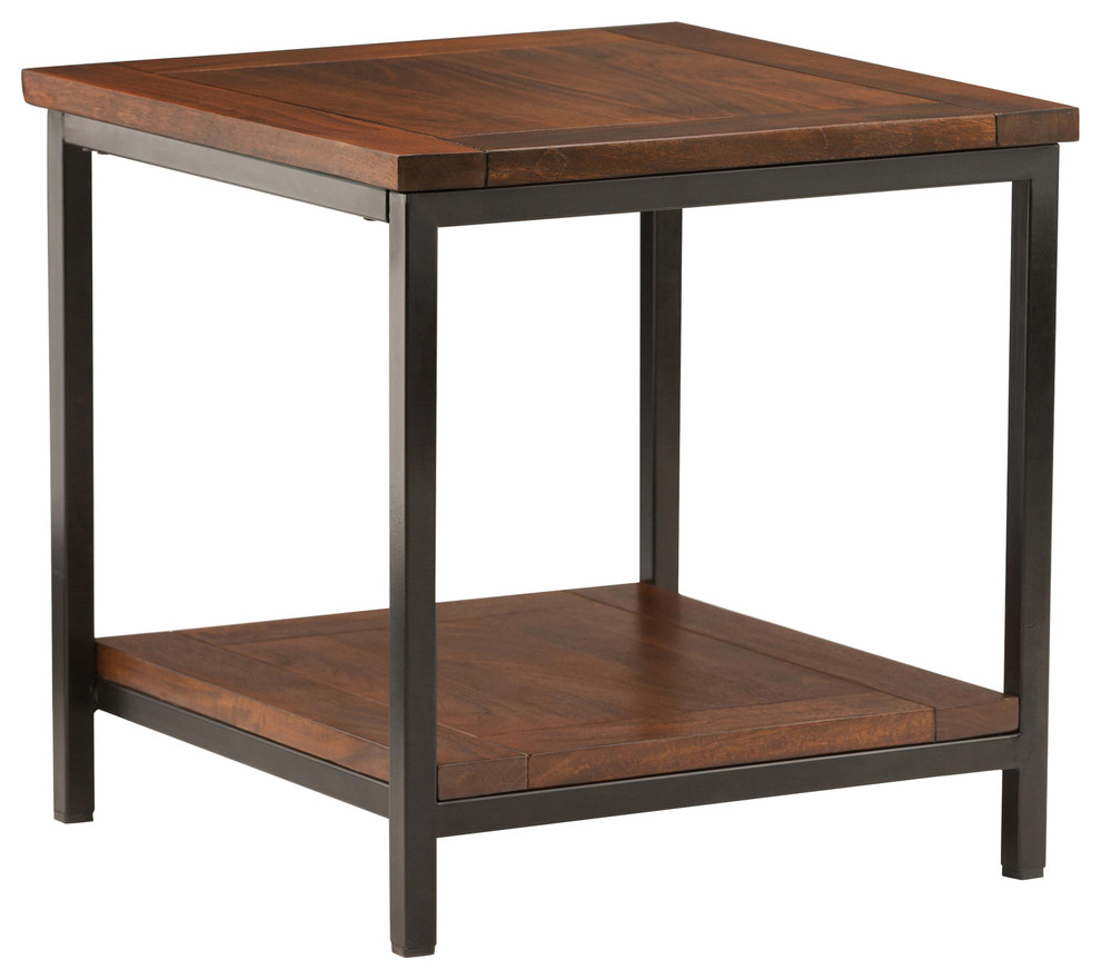 Solid Mango Wood And Metal 22" Wide Square End Side Table In Dark Cognac Brown