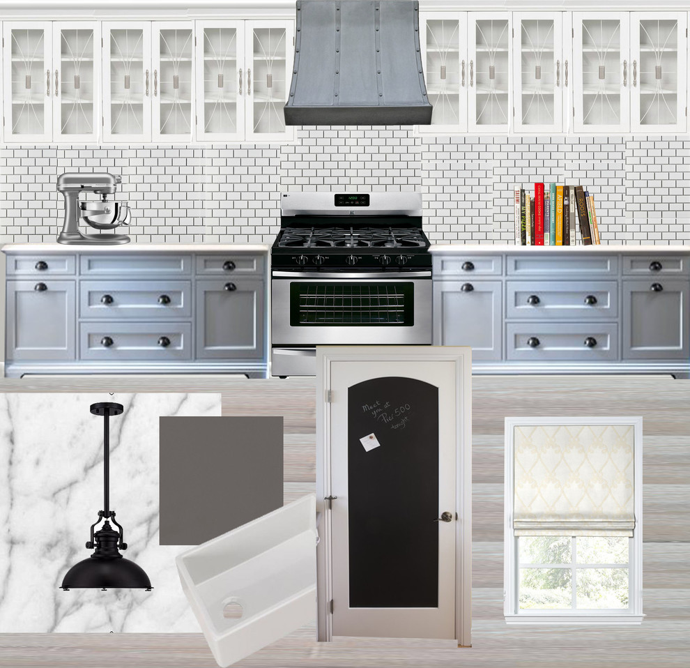 Inspiration for a mid-sized transitional light wood floor kitchen remodel with a farmhouse sink, blue cabinets, marble countertops, white backsplash, ceramic backsplash and stainless steel appliances