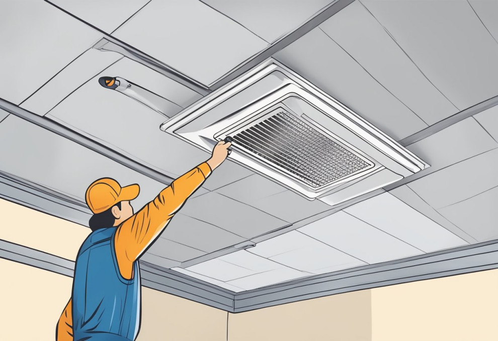 a man pointing to a ceiling