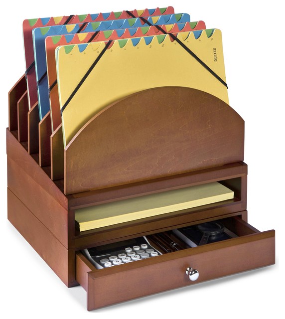Bindertek Stacking Wood Desk Organizers Step Up File Tray Drawer Kit Cherry