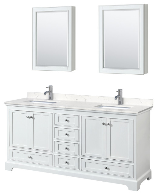 Deborah 72" Double Vanity, White, Carrara Marble Top, Medicine
