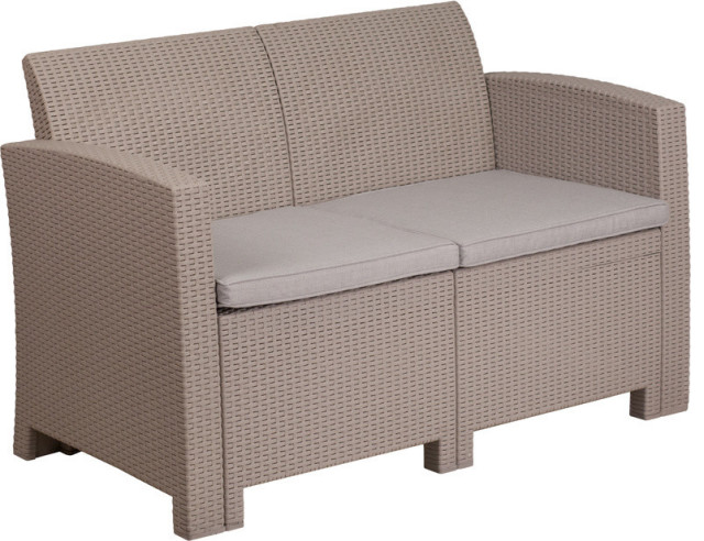 Charcoal Faux Rattan Loveseat With All-Weather Light Gray Cushions