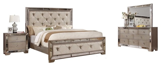 Ava Mirrored Silver Bronzed 5 Piece, Mirrored Queen Bed