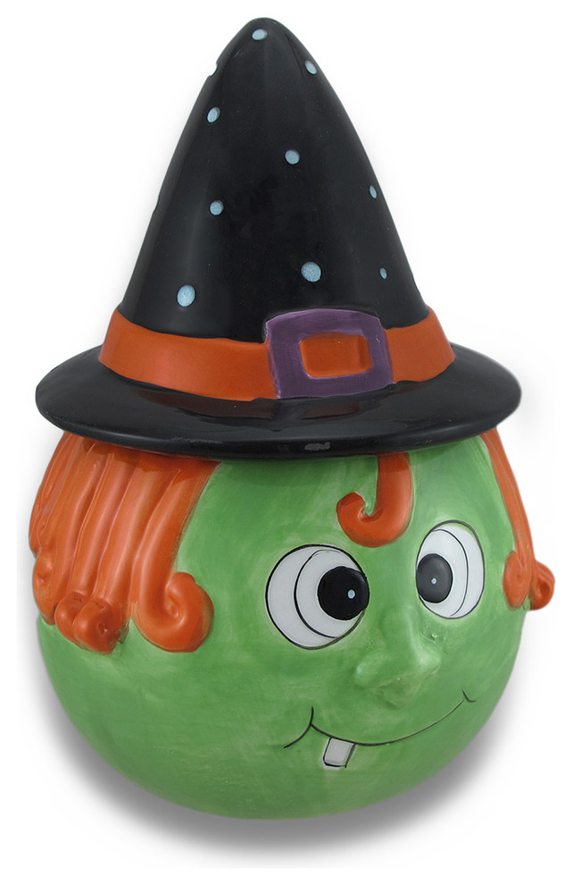 Ceramic Halloween Themed Cookie Treat Jar With Pointed Hat Lid