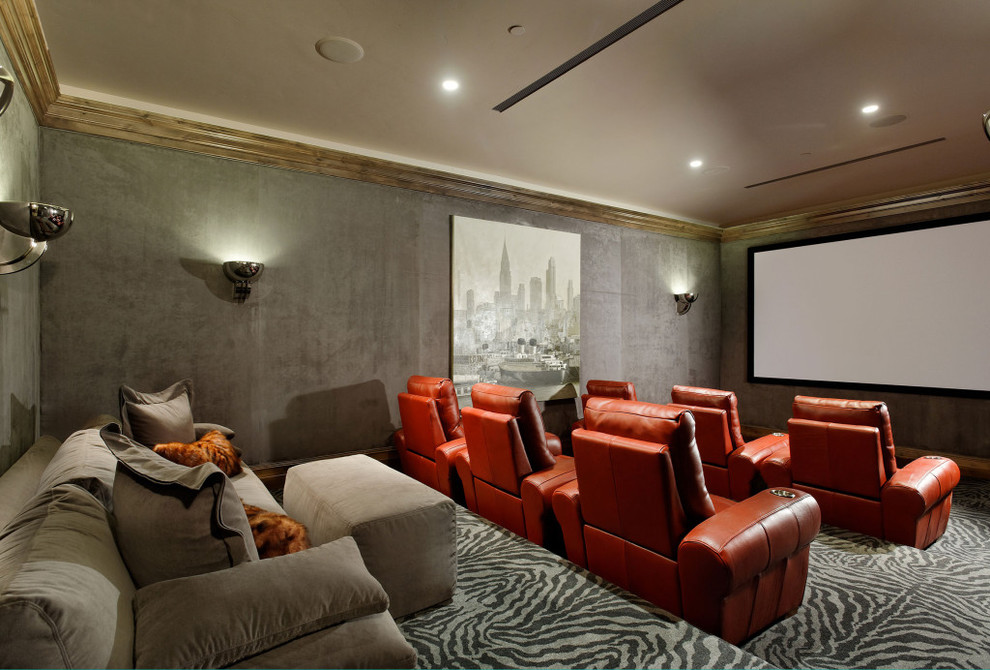Transitional enclosed home theatre in Denver with grey walls, carpet, a projector screen and multi-coloured floor.