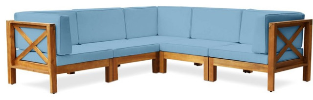Noble House Brava Wood 5 Seater Sectional Sofa Set with Cushions Teak/Blue