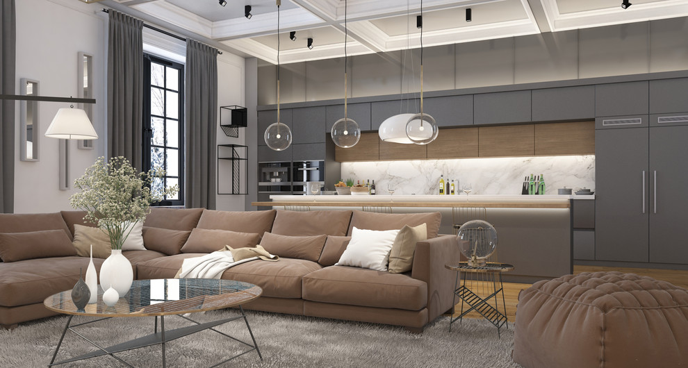 Интерьер кухни-гостиной в частном загородном доме