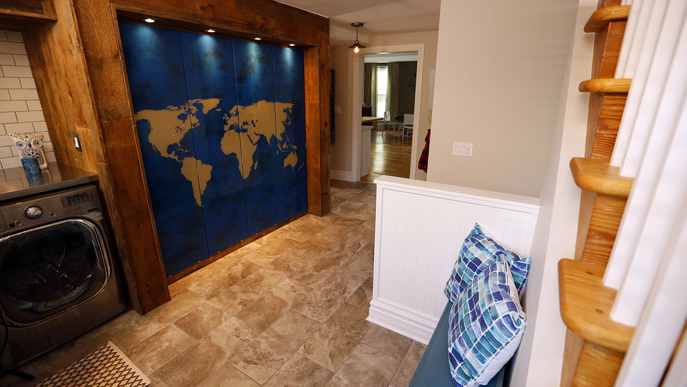 Small transitional ceramic tile mudroom photo in Toronto with beige walls