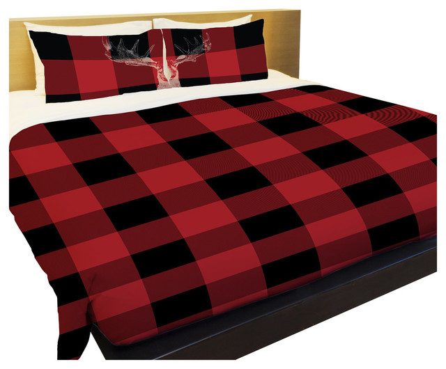 Buffalo Check Moose Red Black Duvet, Red Black Buffalo Plaid Bedding Set