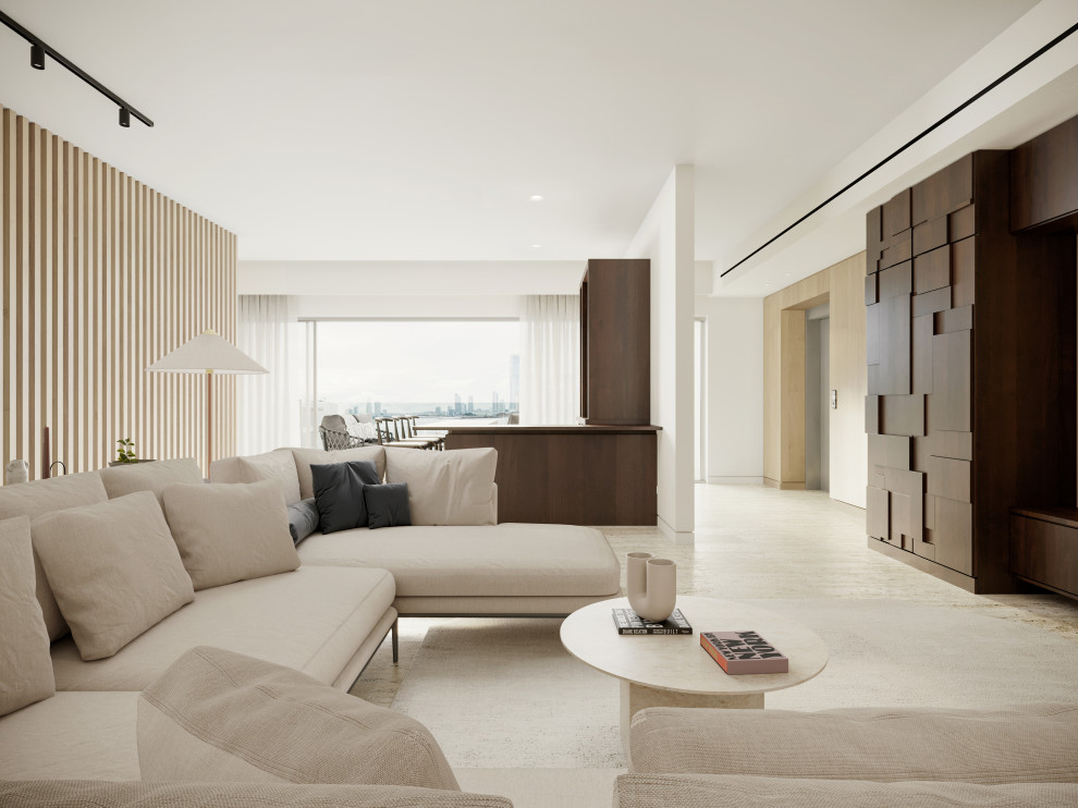 Идея дизайна: огромная открытая гостиная комната в стиле модернизм с белыми стенами, полом из травертина, мультимедийным центром, бежевым полом и деревянными стенами без камина