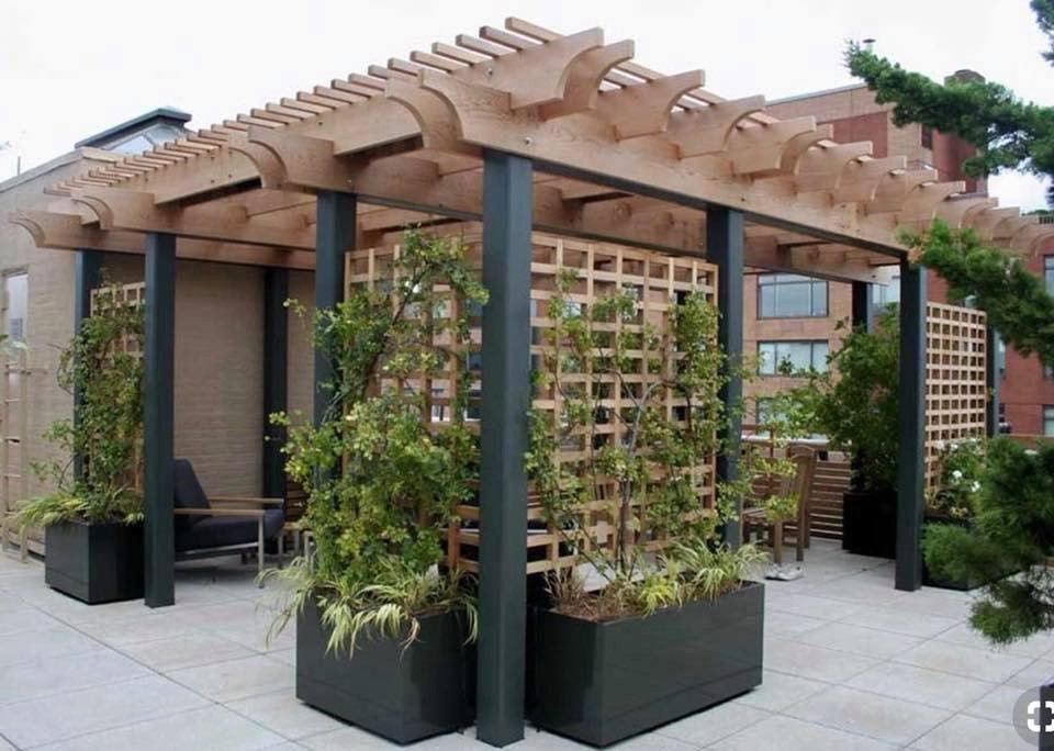 Idee per un patio o portico minimalista di medie dimensioni e dietro casa con una pergola