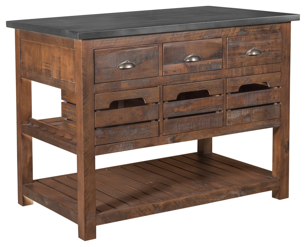 Barlow Solid Wood Crate Kitchen Island With Zinc Top, Rustic Brown