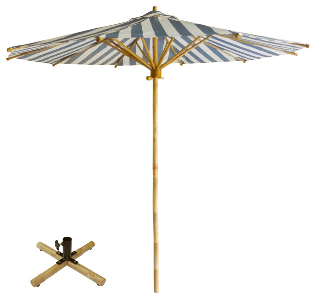 7 Foot Bamboo Umbrella With Pottery Polyester Canvas, Blue Stripe