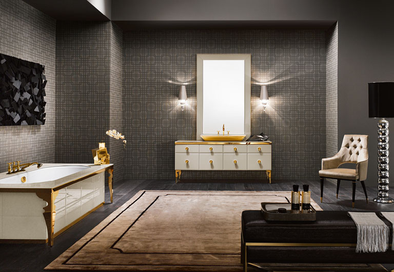 Идея дизайна: большая главная ванная комната в стиле неоклассика (современная классика) с тумбой под одну раковину и напольной тумбой