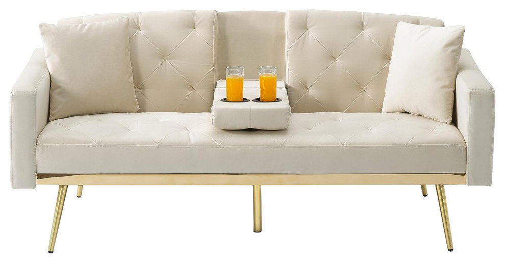 Modern Futon, Golden Legs With Velvet Seat & Drop Down Cup Holders
