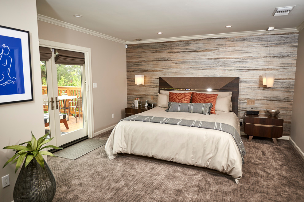 Mid-sized transitional bedroom in Denver with beige walls, limestone floors and beige floor.