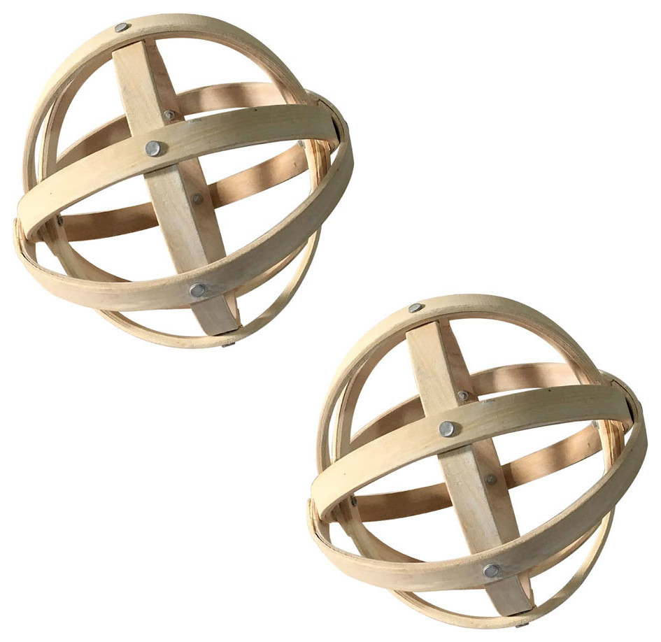 Set of 2 D8" Decorative Ball Whitewashed Wood Farmhouse Decorative