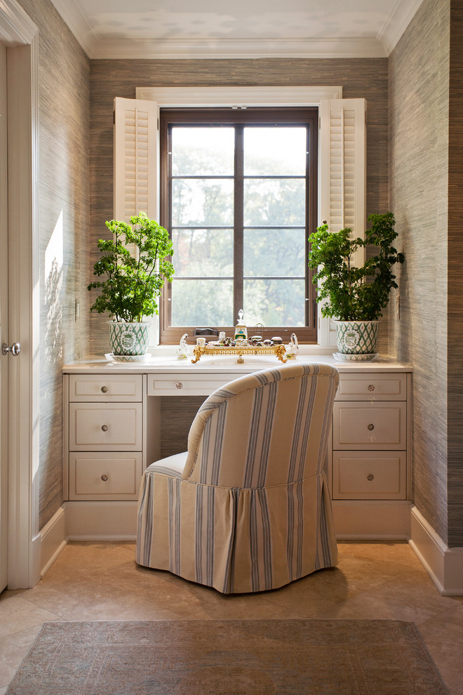 Design ideas for a traditional bathroom in New York with white cabinets, beige tile and raised-panel cabinets.