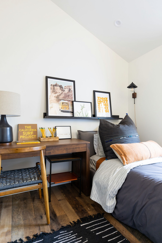Country kids' room in San Francisco with white walls, dark hardwood floors and brown floor for boys.