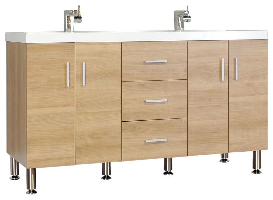 Greenville 56" Double Modern Bathroom Vanity in Light Oak With Mirror