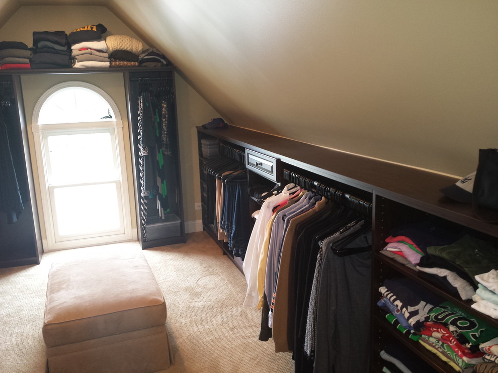 Photo of a mid-sized traditional gender-neutral walk-in wardrobe in Chicago with raised-panel cabinets, dark wood cabinets and carpet.