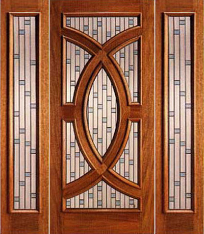 Mahogany Prehung Single Door and 2 Sidelites, Circle Decorative Glass
