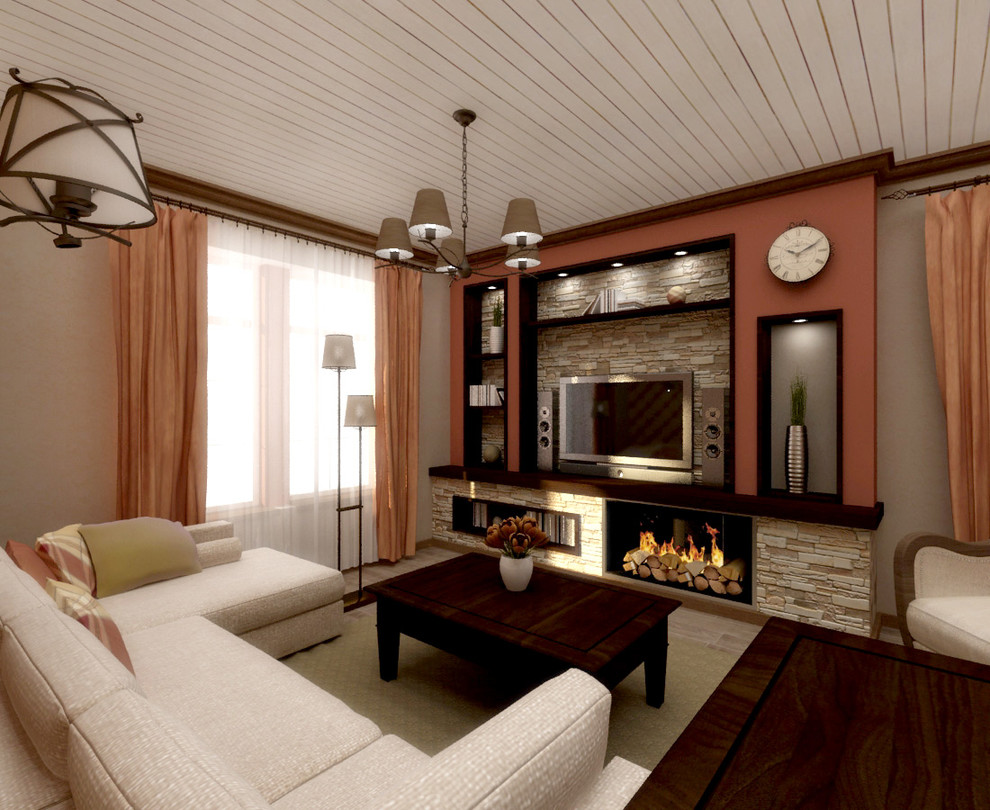 диванно-телевизионная зона с камином