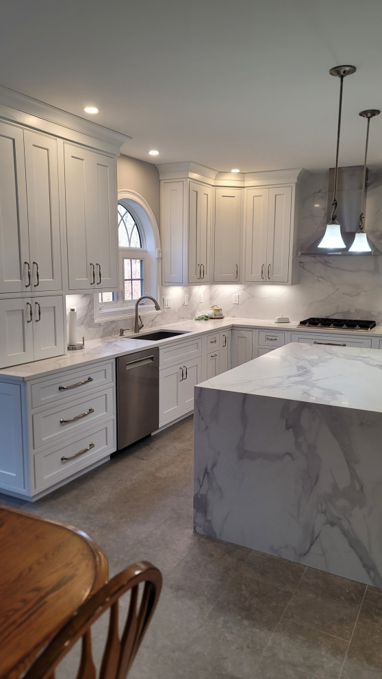 Contemporary White Kitchen - Waterfall Island