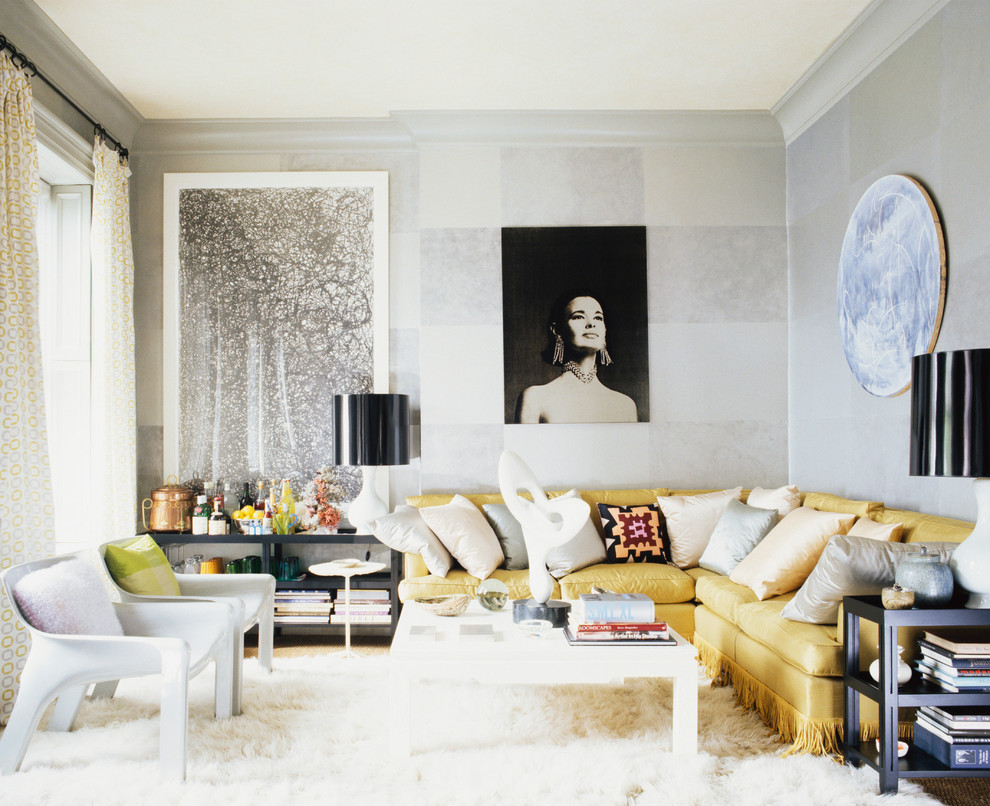 Inspiration for a contemporary living room in New York with grey walls.