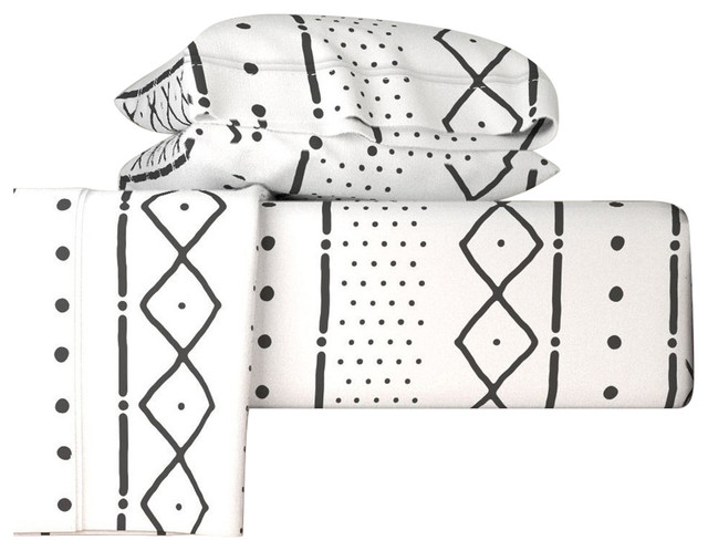 Mudcloth II In Black On White White Mudcloth 4 Piece Sheet Set, Queen