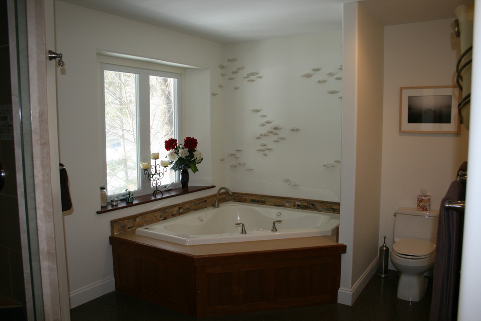 Design ideas for a large contemporary master bathroom in Burlington with a drop-in tub, white walls and brown floor.