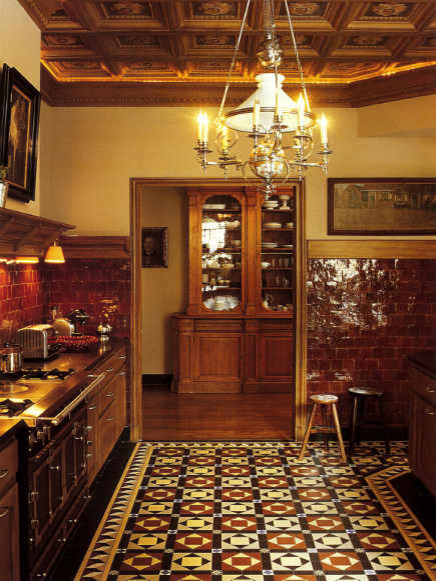 Red Antique Tile Flooring In French Farmhouse Kitchen