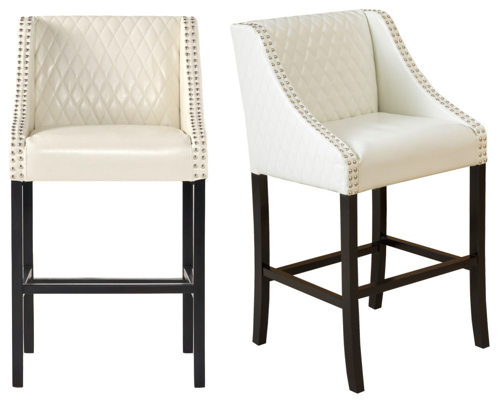 Set of 2 Quilted Bonded Leather Bar Stool, White Quilted Ivory White