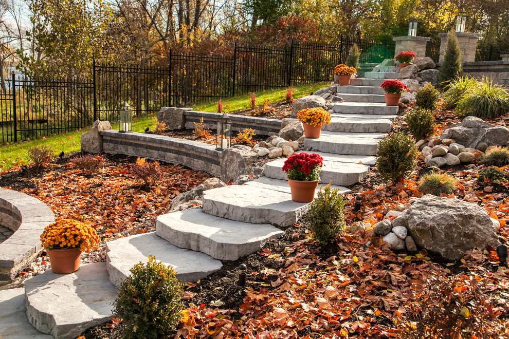 Design ideas for a large rustic backyard landscaping.