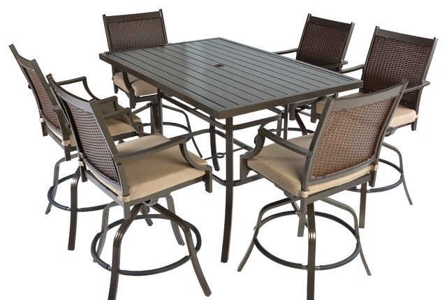 7pc Aluminum And Wicker Swivel Slat Top Patio Bar Height Dining