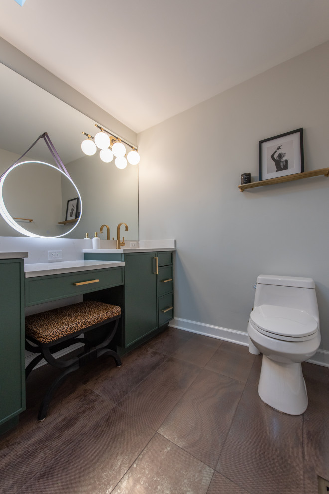 Design ideas for a mid-sized modern master bathroom in Chicago with recessed-panel cabinets, green cabinets, porcelain tile, an undermount sink, engineered quartz benchtops, a double vanity and a built-in vanity.