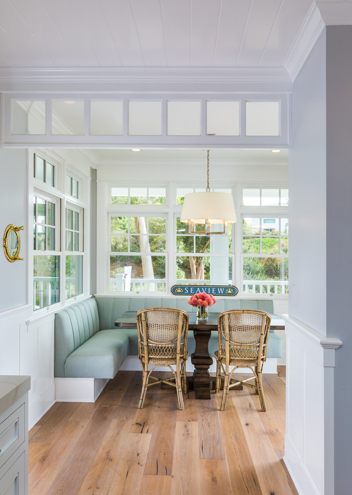 Mid-sized beach style separate dining room in San Diego with blue walls, light hardwood floors and grey floor.