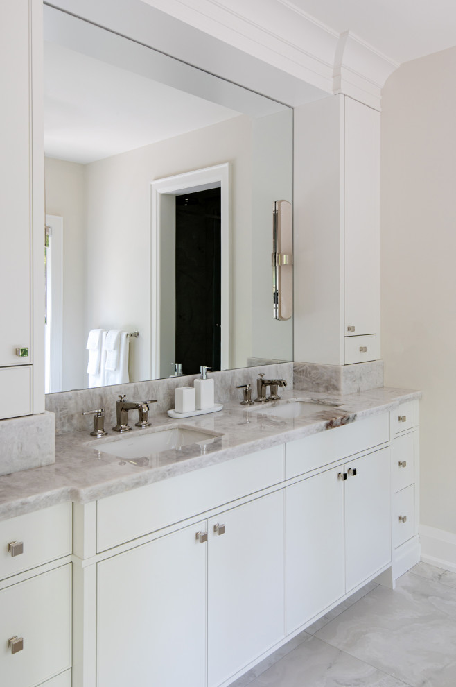 Mid-sized transitional master porcelain tile, multicolored floor and double-sink toilet room photo in Toronto with recessed-panel cabinets, white cabinets, white walls, quartz countertops and a built-in vanity