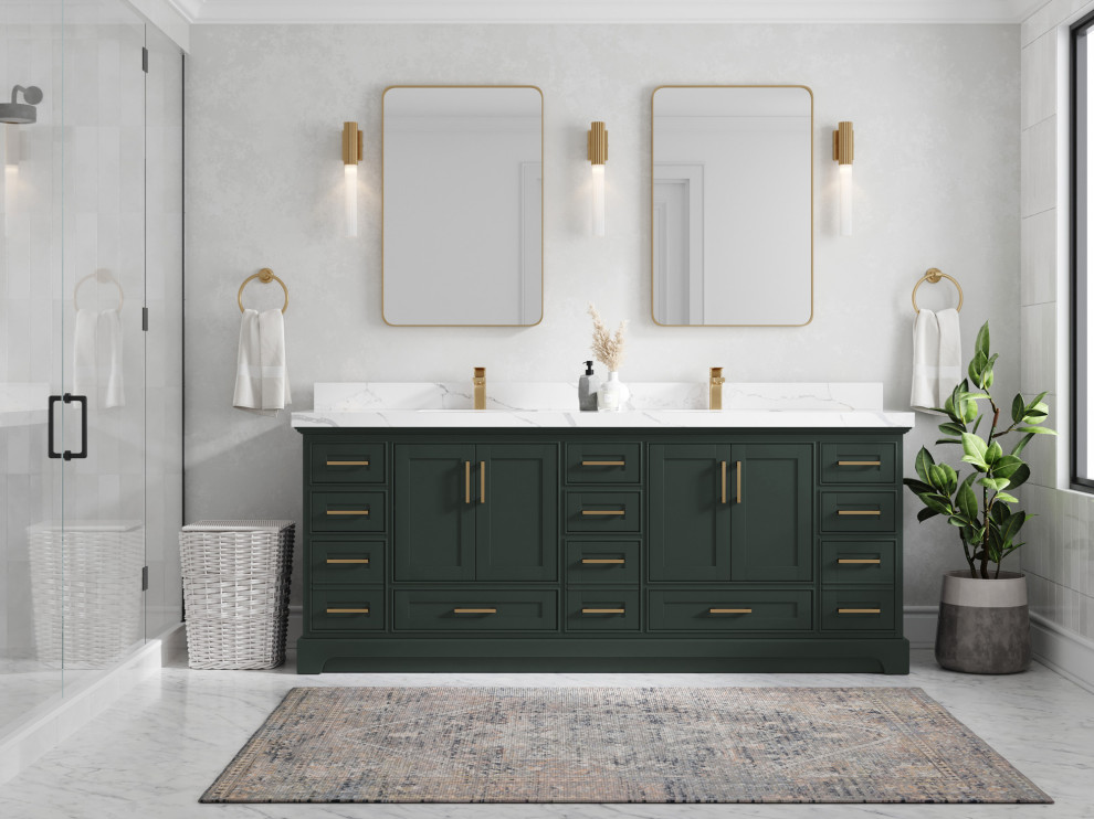 Fenway 84" Double Sink Bath Vanity in Pewter Green 2" Calacatta Black